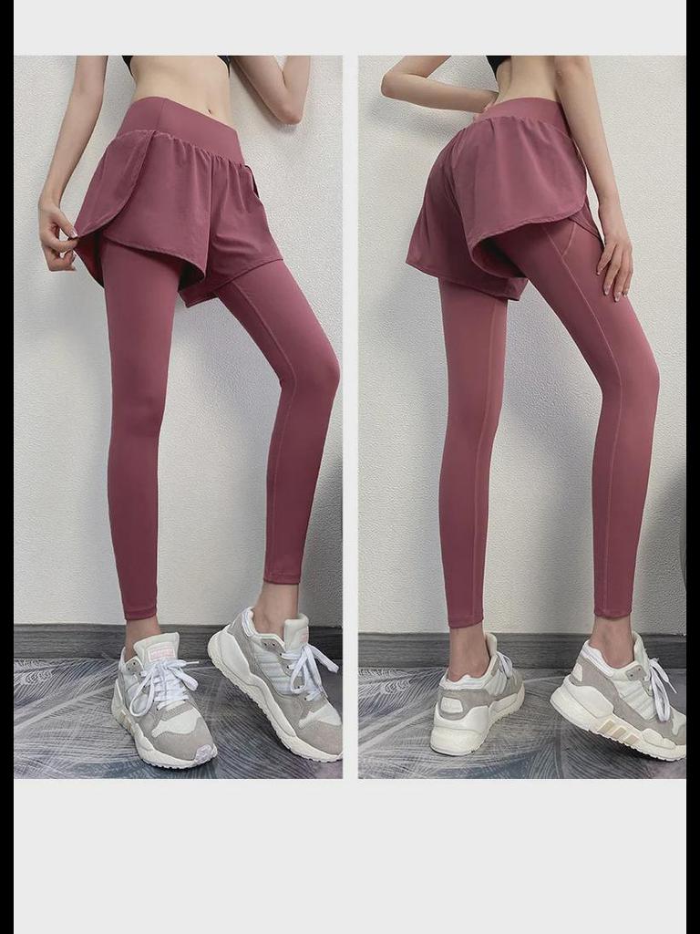 Женские штаны для йоги с высокой талией - Подтяжка бедер, эластичные леггинсы для фитнеса и бега, имитация спортивной одежды из двух частей