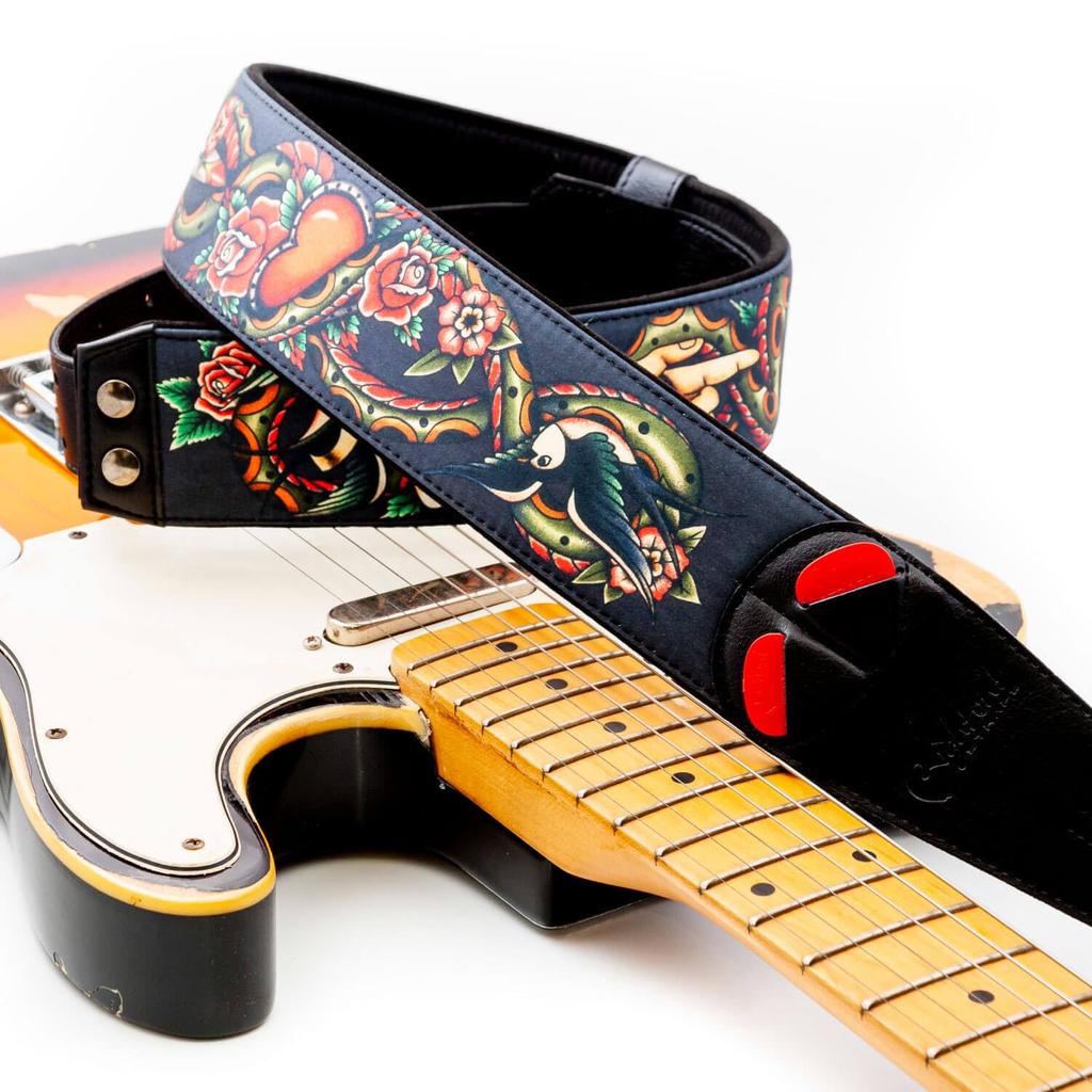 Straps 6cm TATTOO BLACK RightOn! Guitar/Bass Strap, Wide, 100-150cm,