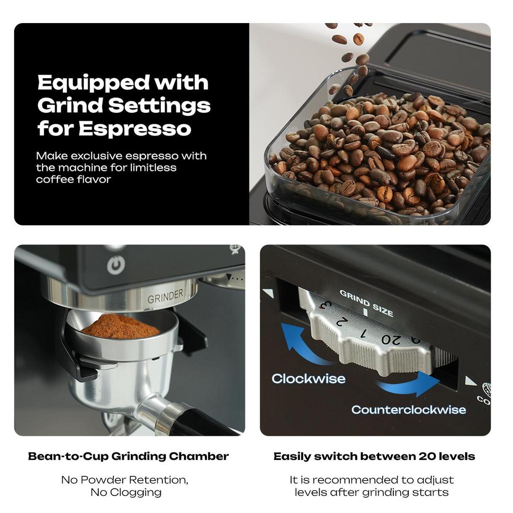 HIBREW H20 Espresso Coffee Machine 1350W 20Bar with Built-in Grinder Milk Frother, 20-Level Grind Adjustment,1.8L Water Tank