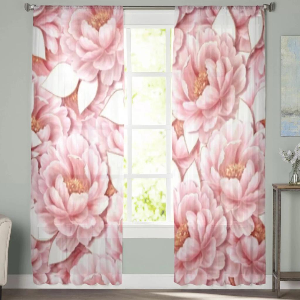 Beautiful Peony Pink Flowers Tulle Window Curtain For Living Room Bedroom Voile Sheer Curtains Kitchen Treatments Drapes