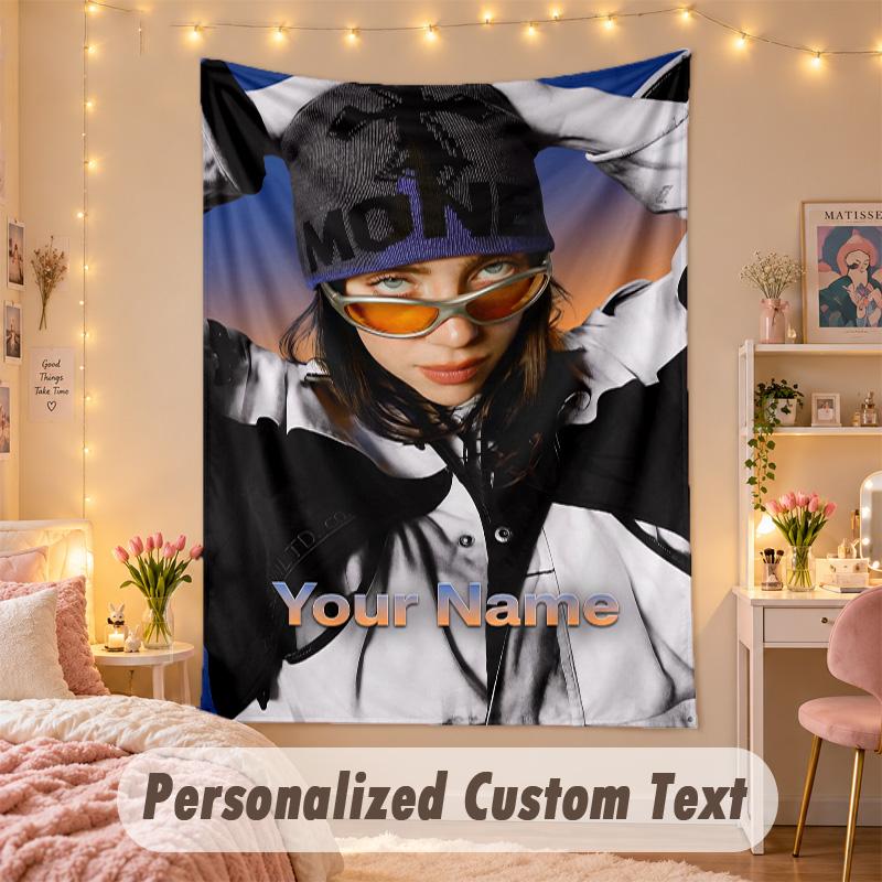 Custom Personalized Tapestry,Billie Eilish Print Custom Name Text Wall Art Hanging for Bedroom