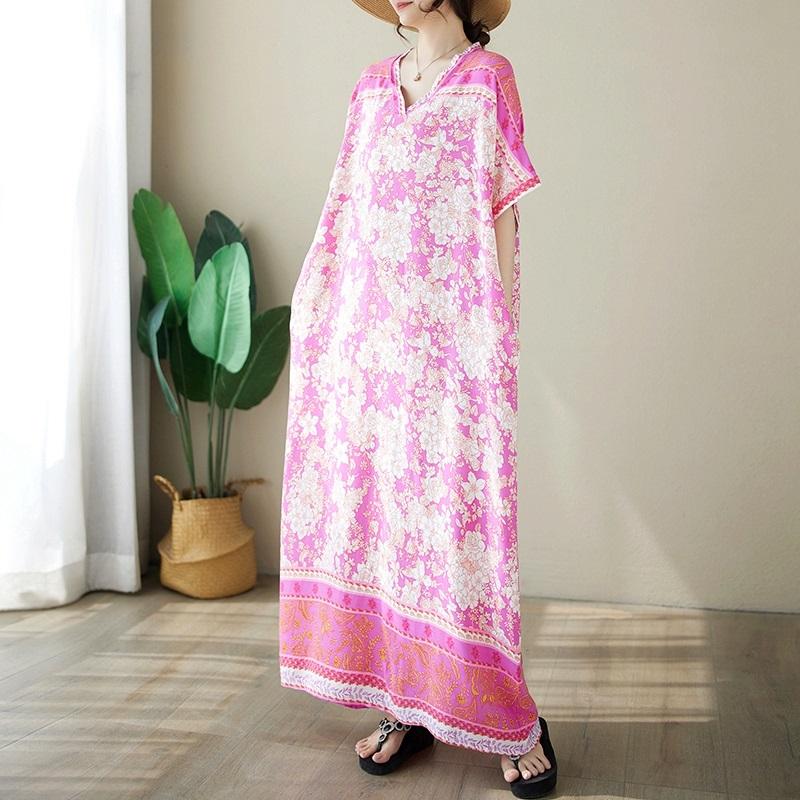 Новое хлопковое атласное платье с коротким рукавом больших размеров в винтажном стиле с цветочным принтом для женщин, повседневное свободное длинное летнее платье