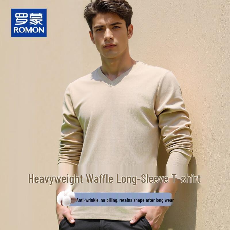 ROMON Men's Waffle V-Neck Long Sleeve T-Shirt