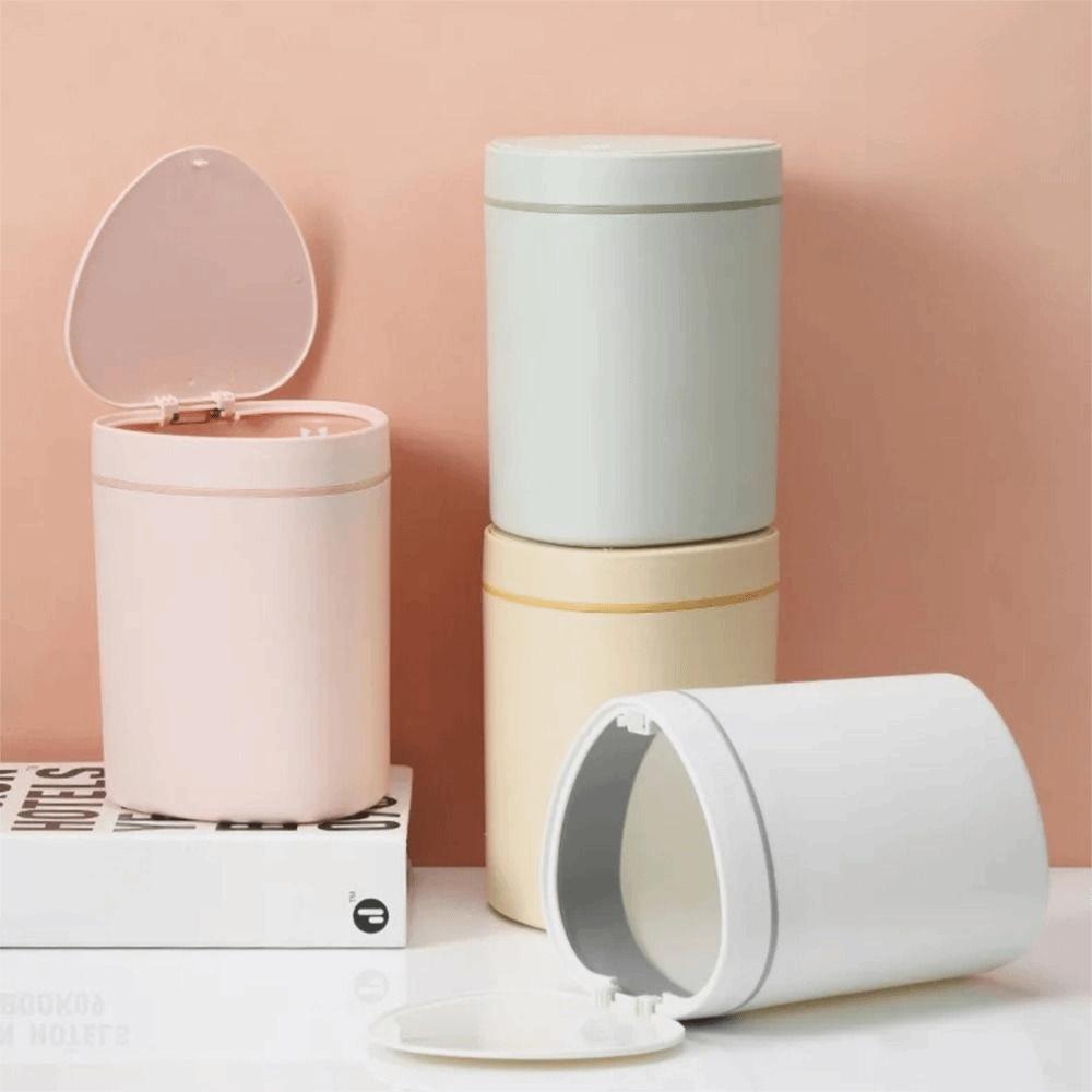 Press Type Small Trash Can with Lid Round/Triangle Plastic Waste Bin Mini Desktop Trash Can Car