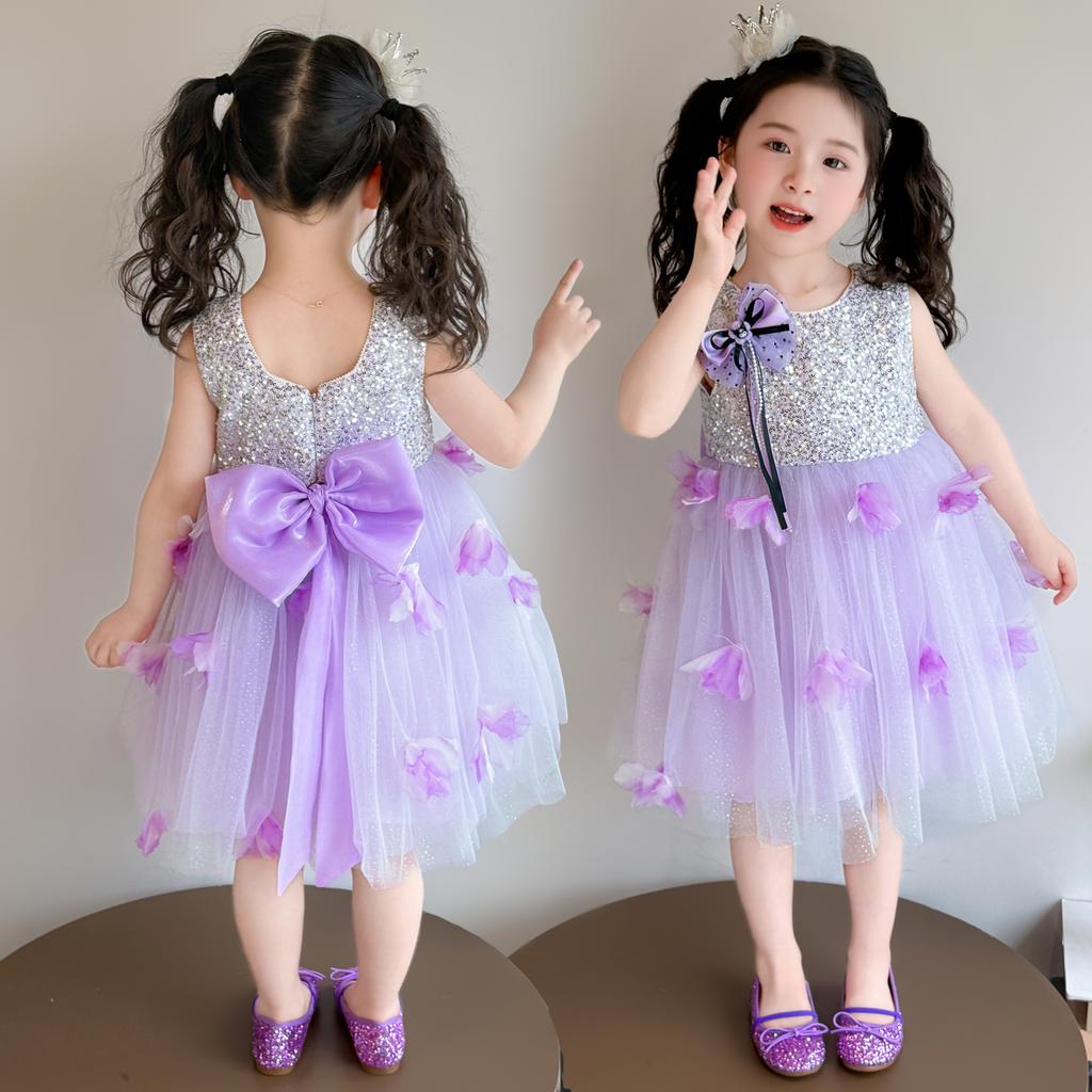 Sweet sequined mesh princess dress for girls, 2026 summer new item, sleeveless and stylish dress for baby girls