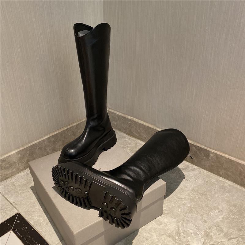 Европейские сапоги Сапоги рыцаря Женские 2025 осень и зима на толстой подошве сапоги-маффины Мотоциклетные сапоги Облегающие сапоги