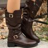 Fashion Pleated Buckle Strap Knight Boots Women Autumn Winter Brown PU Leather Mid Calf Boots Woman Zipper Thick Heel Riding Botas Mujer