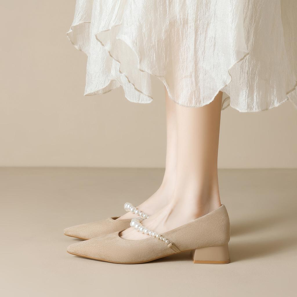 Weiwei girl 5153-3 французские туфли-лодочки с острым носом женские жемчужные с мелким вырезом на высоком каблуке замшевые на толстом каблуке туфли Мэри Джейн