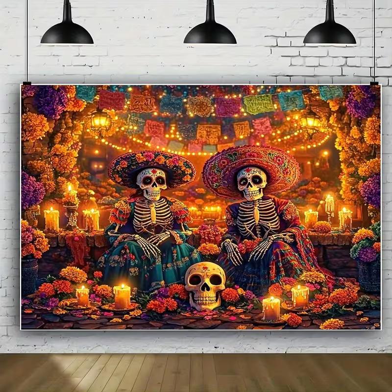2D Dia de los Muertos Skeleton Backdrop with Colorful Papel Picado