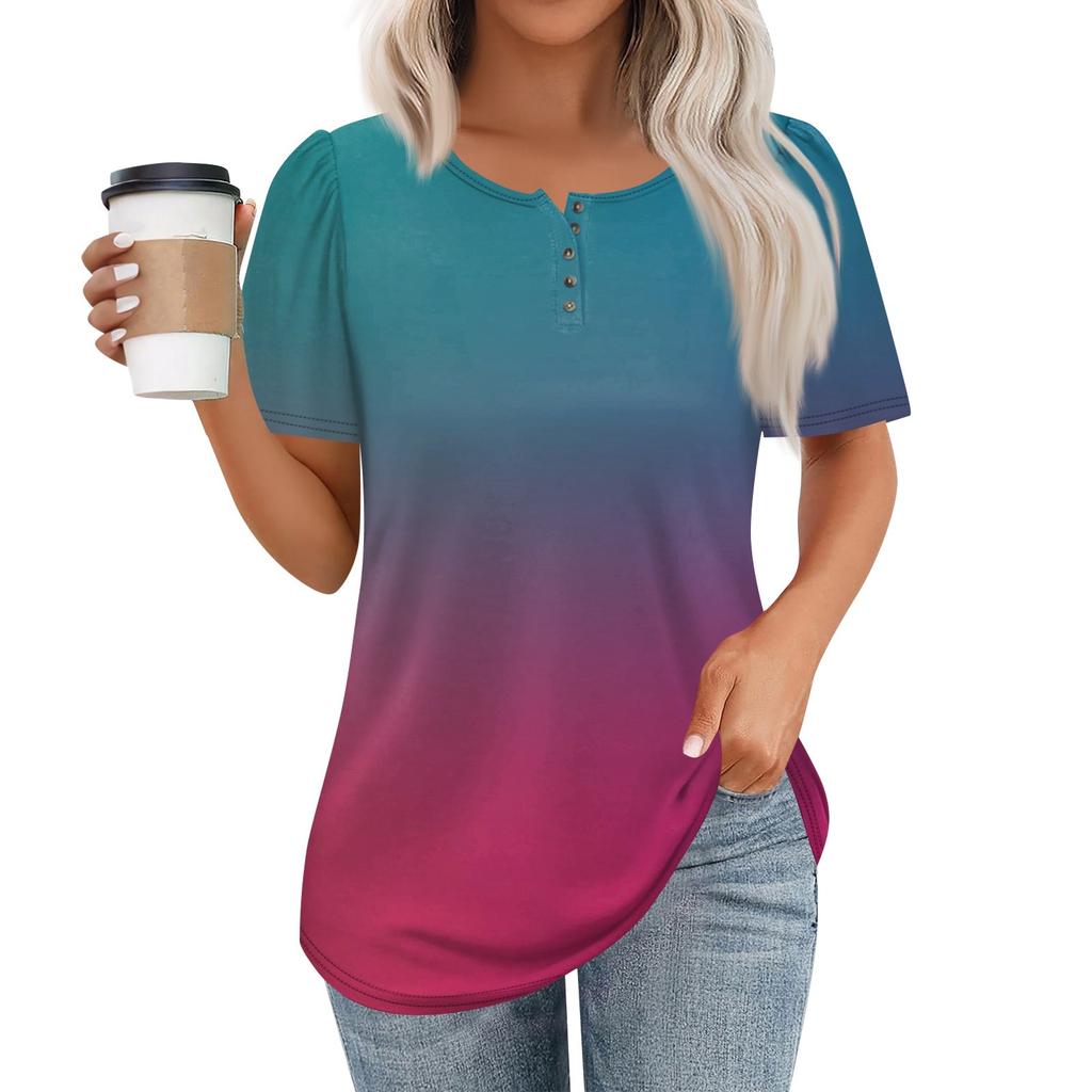 Женский модный повседневный короткий рукав пуловер с принтом на пуговицах и круглым вырезом