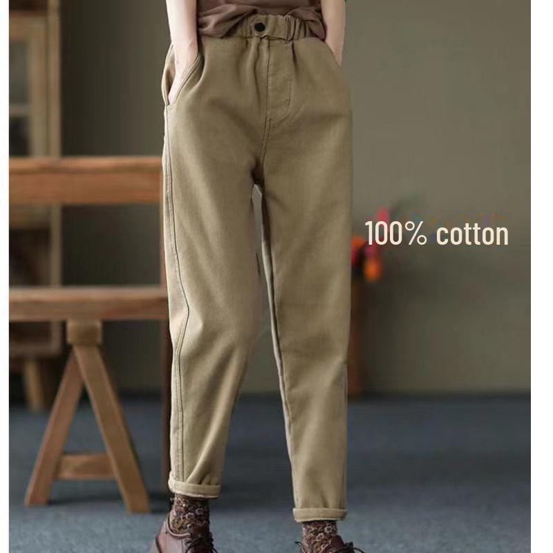Women's Casual Elastic-Waist Trousers - Plush or Non-Plush, Solid Colors, Autumn/Winter Fashion, Long Harem Style