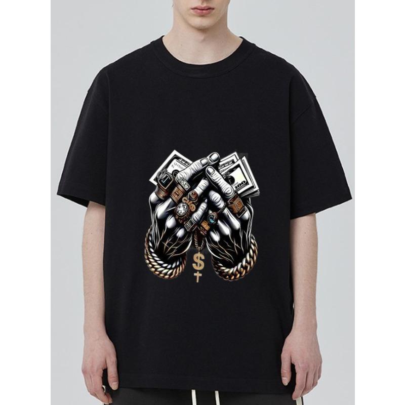 Черная футболка с принтом рук с деньгами и цепями для уличной моды