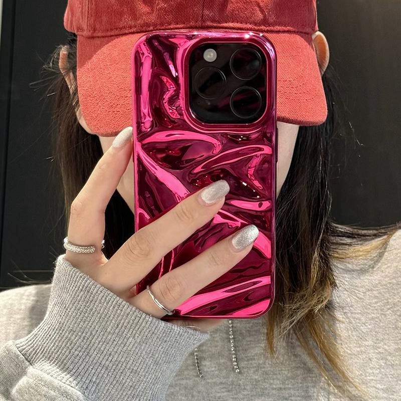 Plating Red Water Ripple Wrinkle Texture Case For iPhone 16 Pro Max 17 Air 15 14 13 12 11 16 Plus Glossy Silicone Back Cover