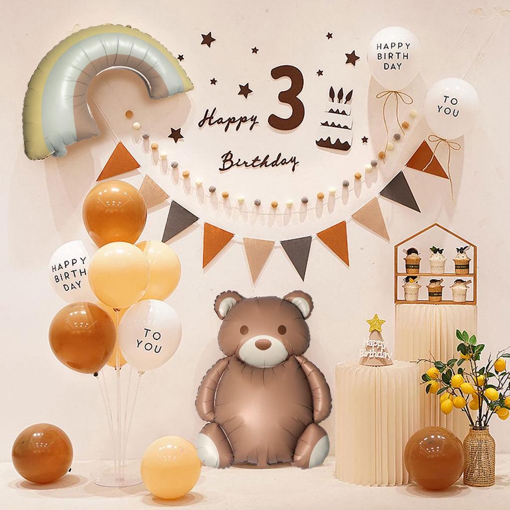 Cute Matte Frosted Teddy Bear & Rainbow Aluminum Balloons for Kids' First Birthday Decorations