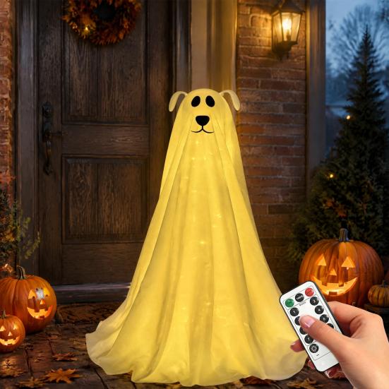 Cute Ghost Dog Figurine Lighted Halloween Decoration, Battery Operated Freestanding Spooky Porch Corner Decor with Remote And String Light for