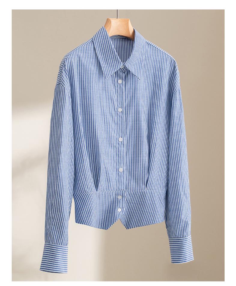 Rongtai Элегантная женская весенняя рубашка в корейском стиле, сине-белая полоска, приталенная, с длинным рукавом