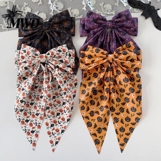 Halloween Party Hair Accessory Silky Satin Bows, Big Ribbon Bow Clips, Oversized Long Tail Barrettes, Ghost Pattern Hairpin Cute Pumpkin Witch