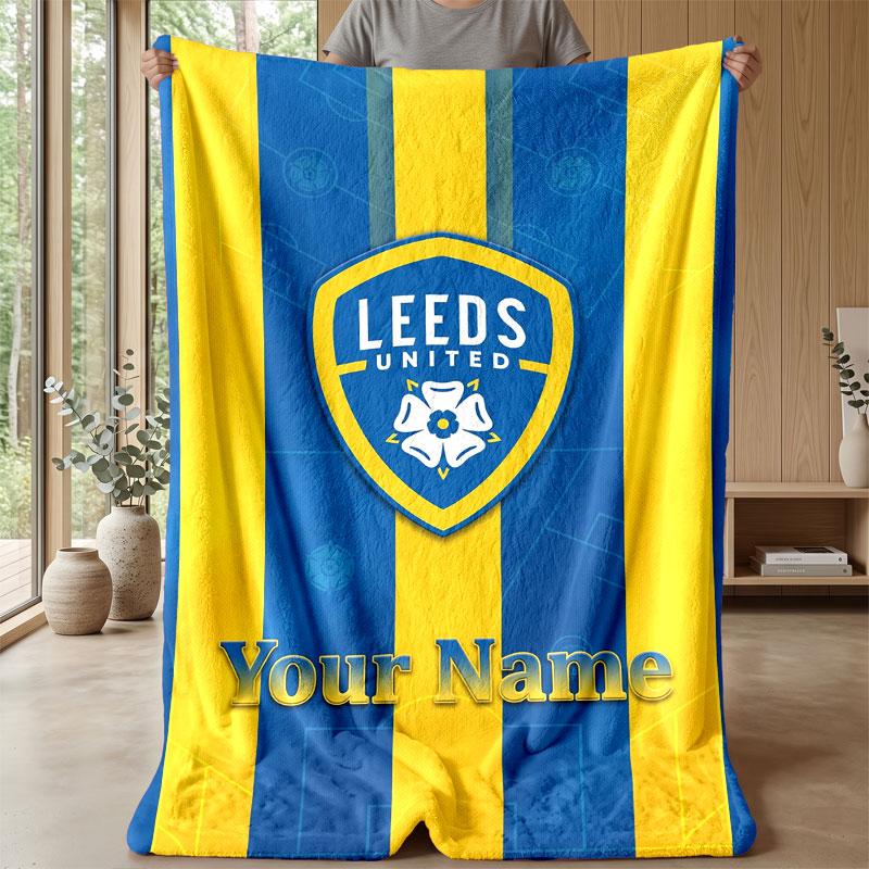 Leeds United Custom Name Text Flannel Blanket Soccer Logo Personalized Fleece Throw Blanket Special Gift For Sofa Bedroom Home