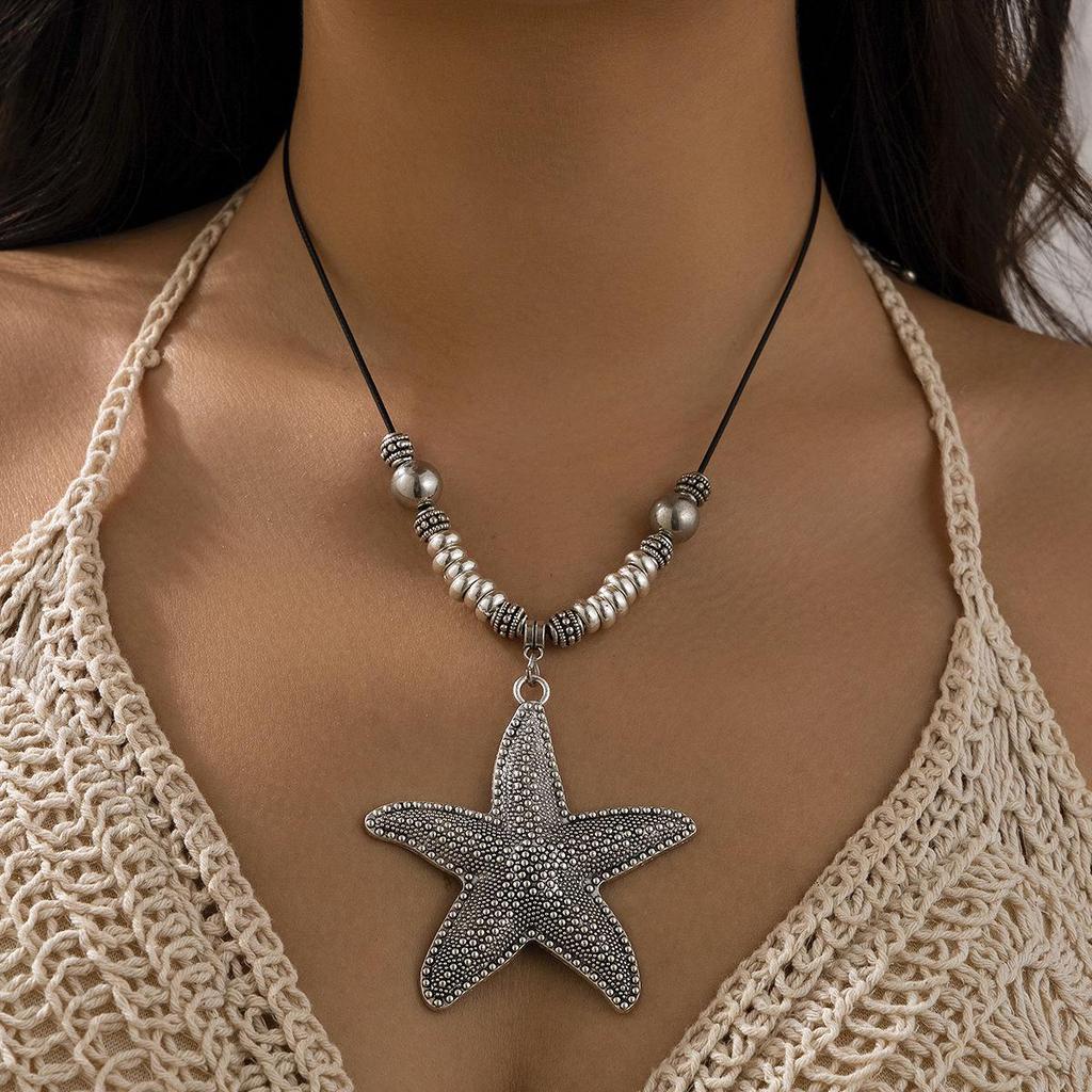 Ocean Style Conch & Starfish Necklace with Exaggerated Metal Rose Heart