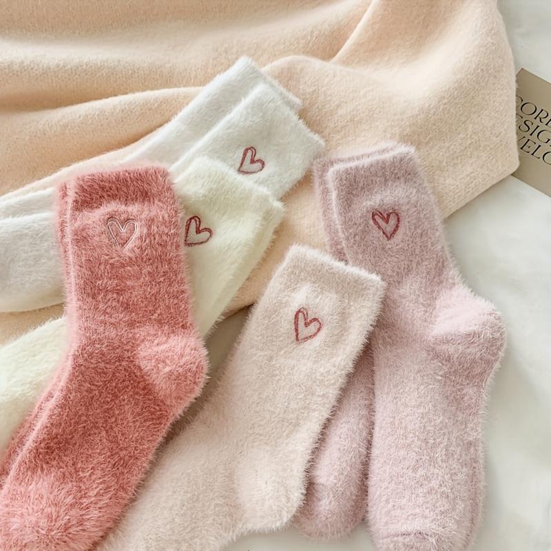 10pcs/5 Pairs Plush Double Heart Women's Mid-Calf Thickened Warm Winter Floor Socks,Stockings Suitable for Camping,long Sock