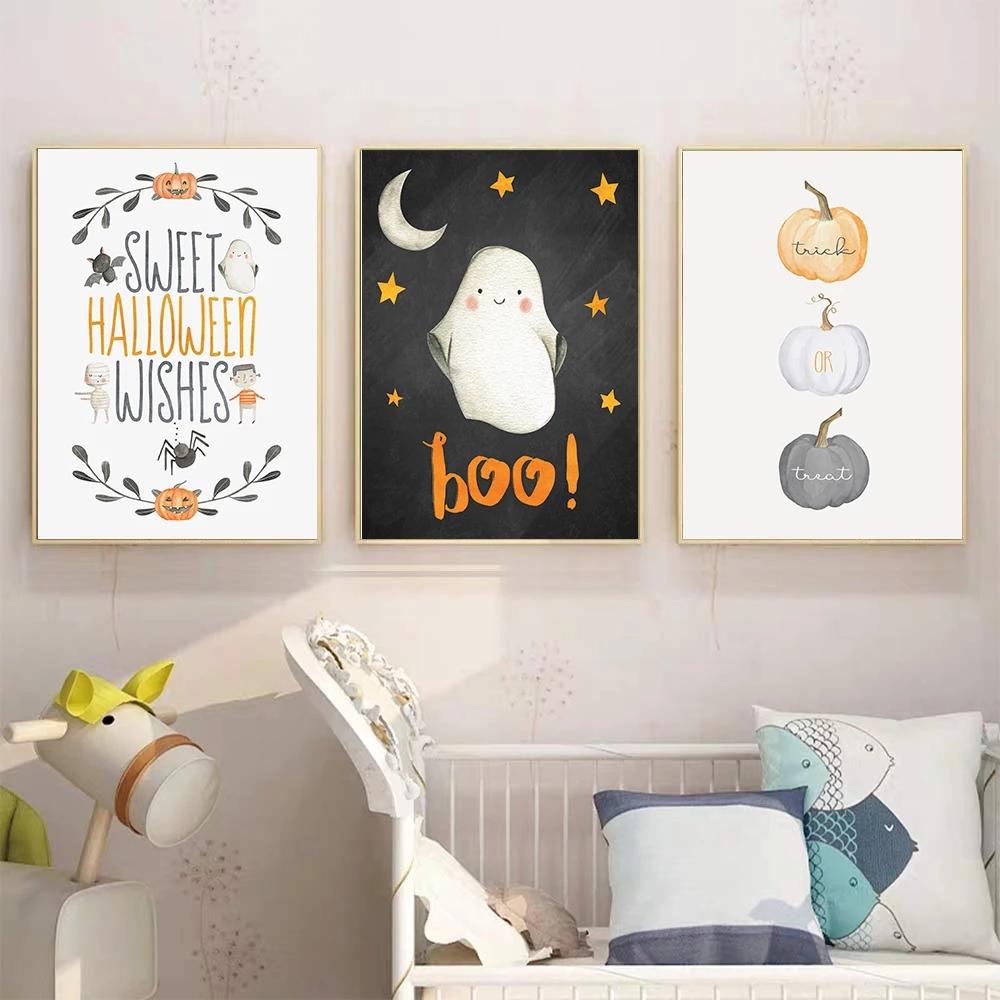 Halloween Wall Art Poster Print Pumpkin Cartoon Cute Skull Ghost Quote Canvas Painting Picture For Kids Living Room Home Decor