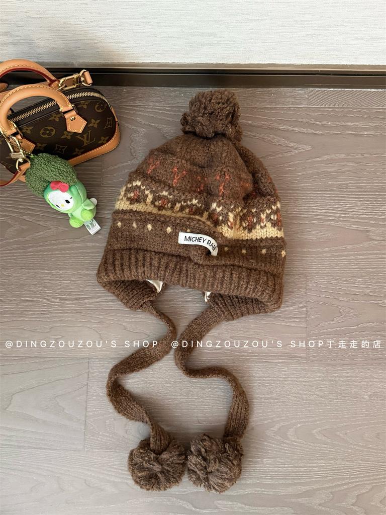 Винтажная шапка Фэйр-Айл с помпоном вязаная шапка женская зимняя теплая защита ушей шапка Лей Фэн утолщенная красная шерстяная шапка