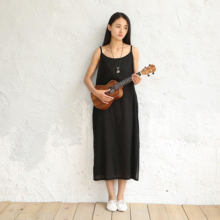 Весна/Лето 2024 Хлопок Лен Большой Размер Женское Длинное Платье на Бретелях-Спагетти - Однотонное, Свободное, Универсальное, Литературный Стиль.