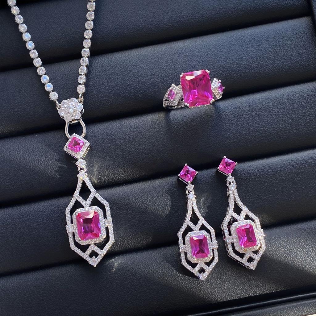 2025 Retro Ruby Jewelry Set 925 Sterling Silver Engagement Ring Earrings Necklace Women's Party Gift