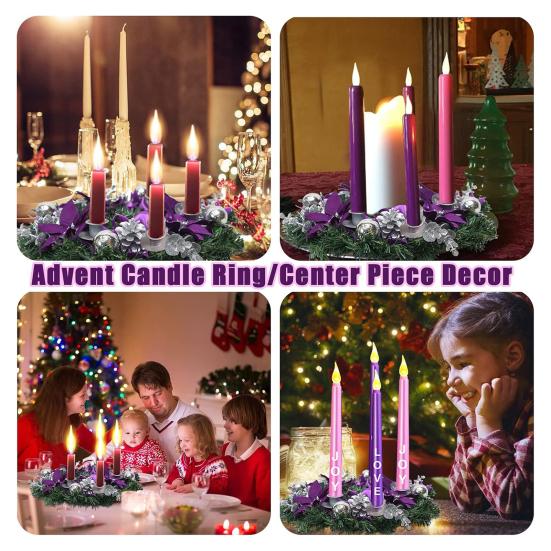 13" Purple Ribbon Christmas Advent Wreath 4 Advent Candles Holder Christmas Centerpiece with Bow Artificial Pine Cones
