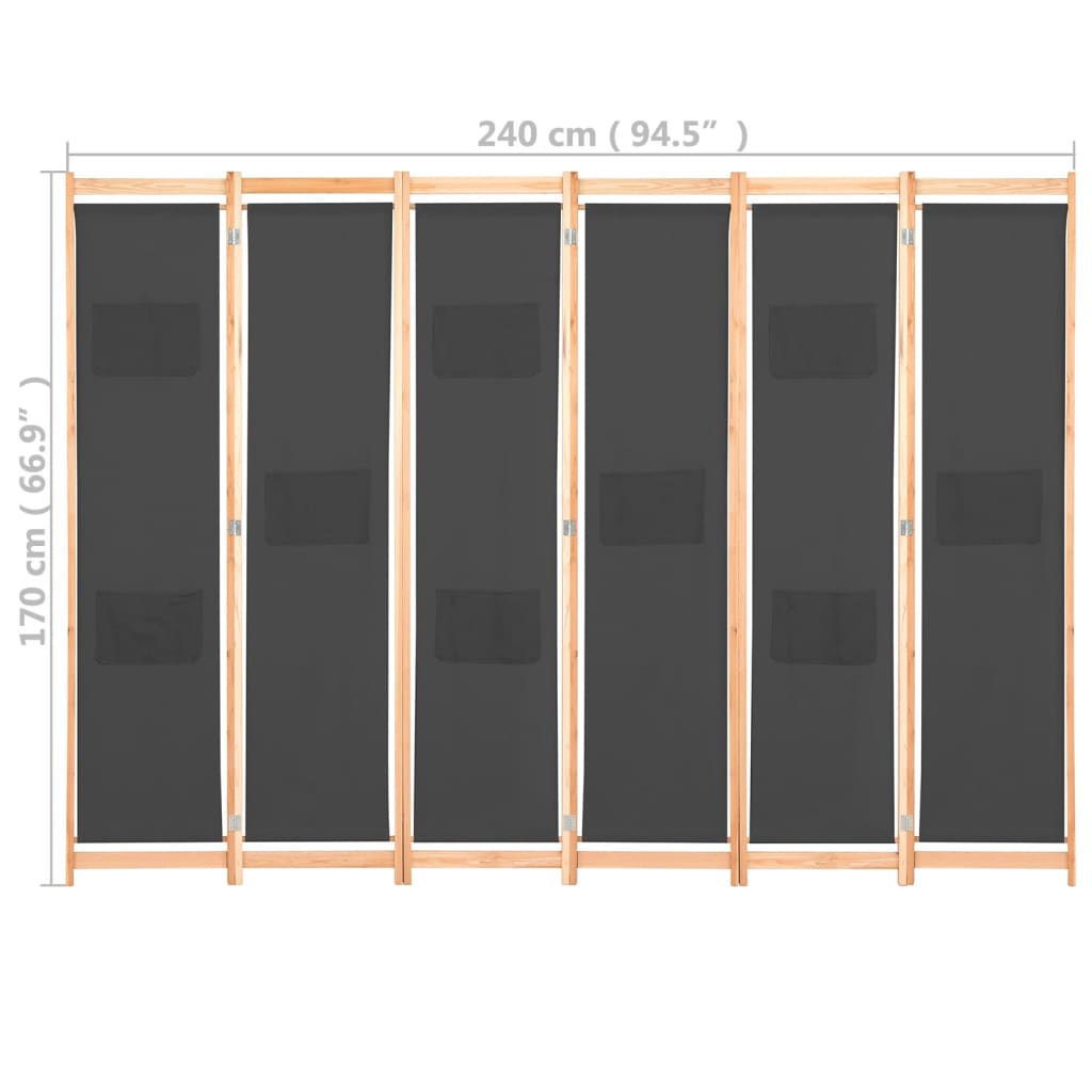 6 Panel Room Divider Gray 240 x 170 x 4 cm Fabric