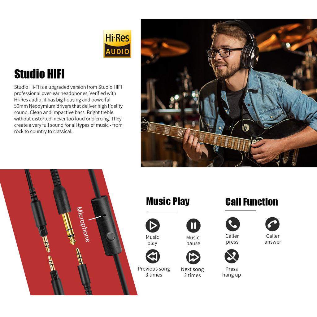 Wired Headphones, Over Ear Headphones with Noise Isolation Dual Jack Professional Studio Monitor & Mixing Recording Headphones for Guitar Keyboard PC