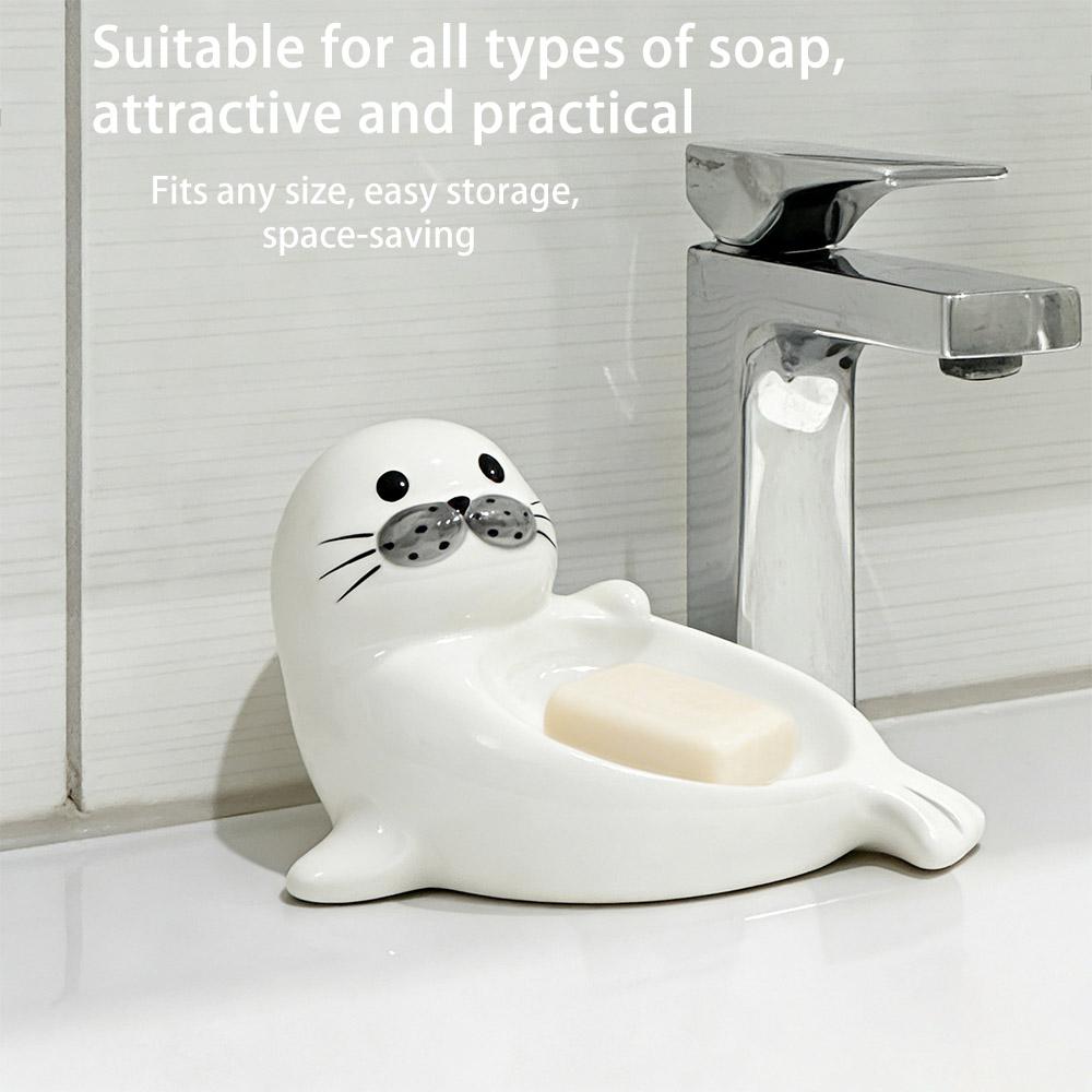 Cute Self Draining Soap Holder Drainable Bathroom Decor Organizer Sea Lion Soap Dish Household