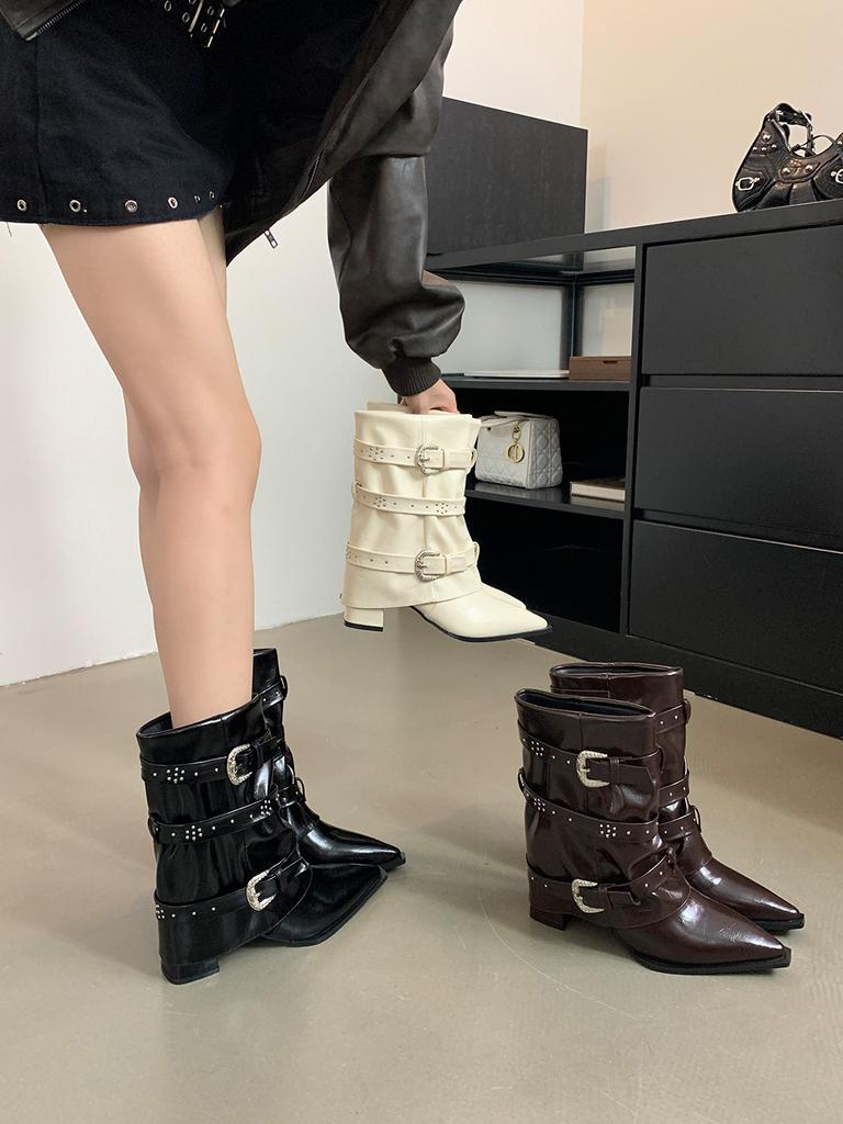Модные женские сапоги с острым носком до середины голени, черные, коричневые, с пряжкой на ремне, на толстом высоком каблуке, женские, размер 35-39, модные туфли-лодочки