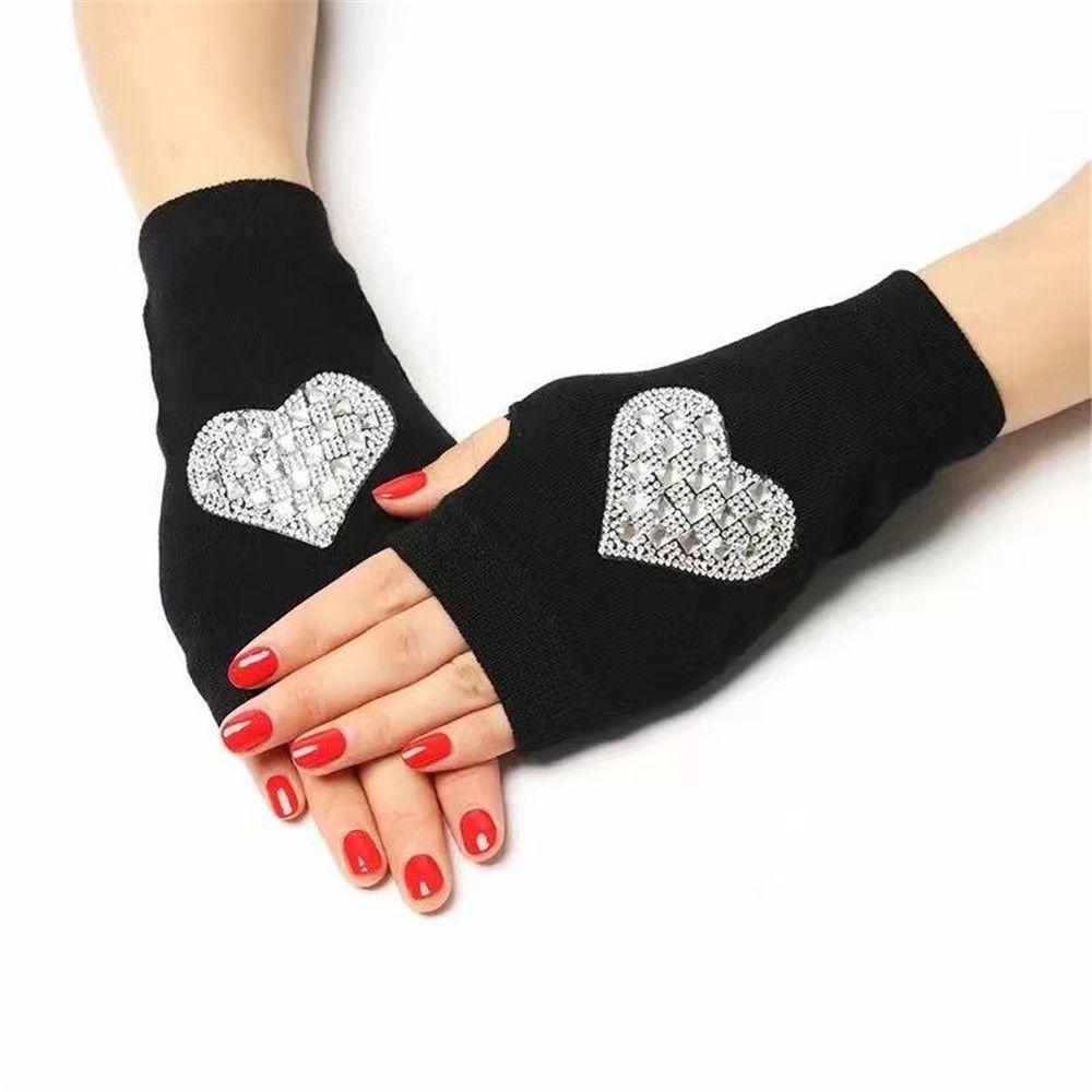 Rhinestone Knitted Black Half Finger Computer Mittens Fingerless Gloves Warm Gloves