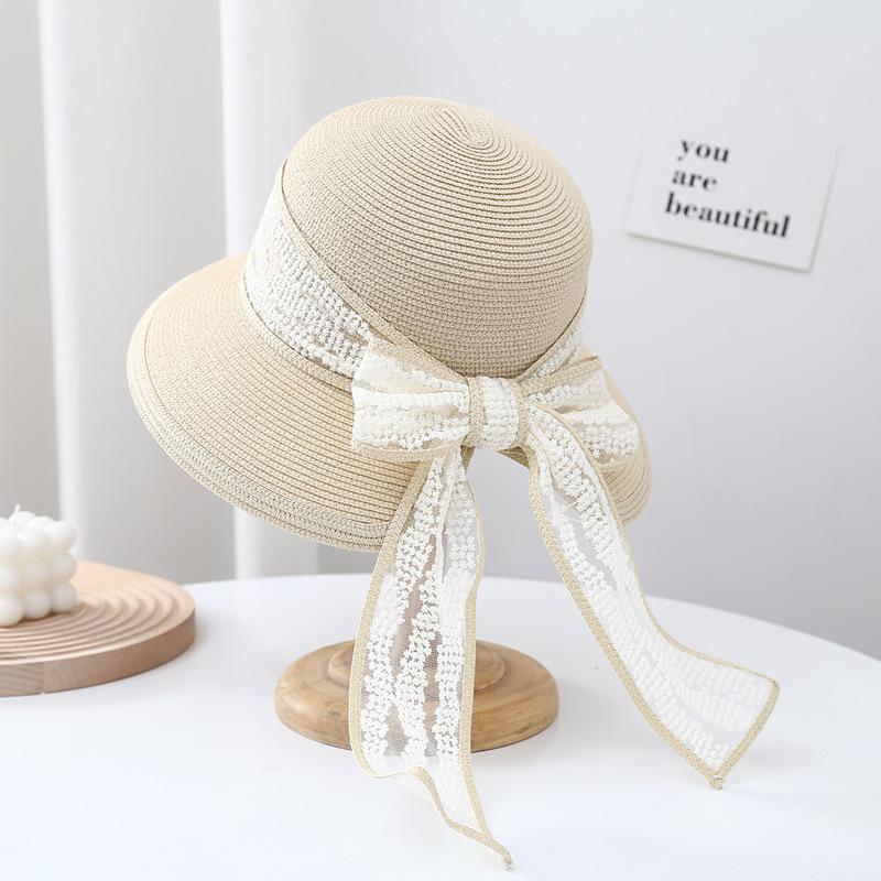 French sweet lace bow bucket hat women's summer sunshade streamer straw hat seaside vacation beach sun hat