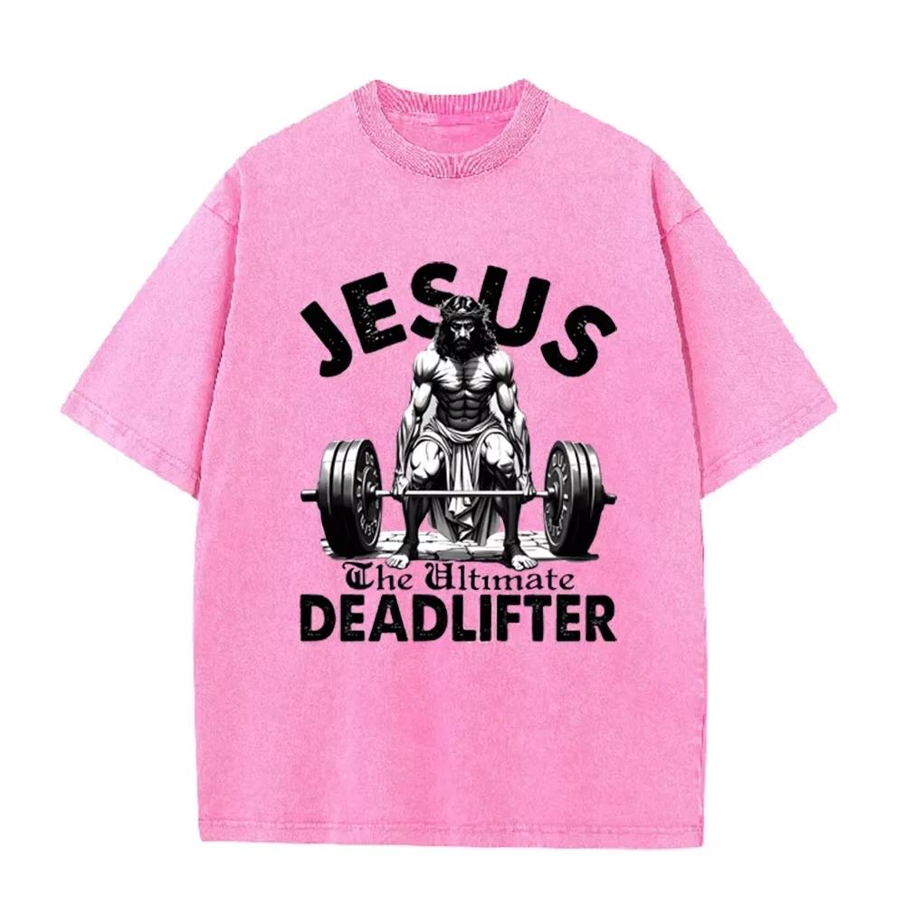 Иисус Ultimate Deadlifter Графика для тяжелой атлетики Винтажная стирка Свободная серая футболка Христианская одежда для тренировок в зале Повседневная футболка Азиатский размер