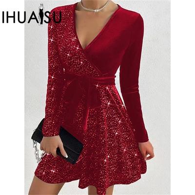 Осень-зима сексуальное платье с v-образным вырезом и запахом на бедрах, нерегулярная юбка с пайетками