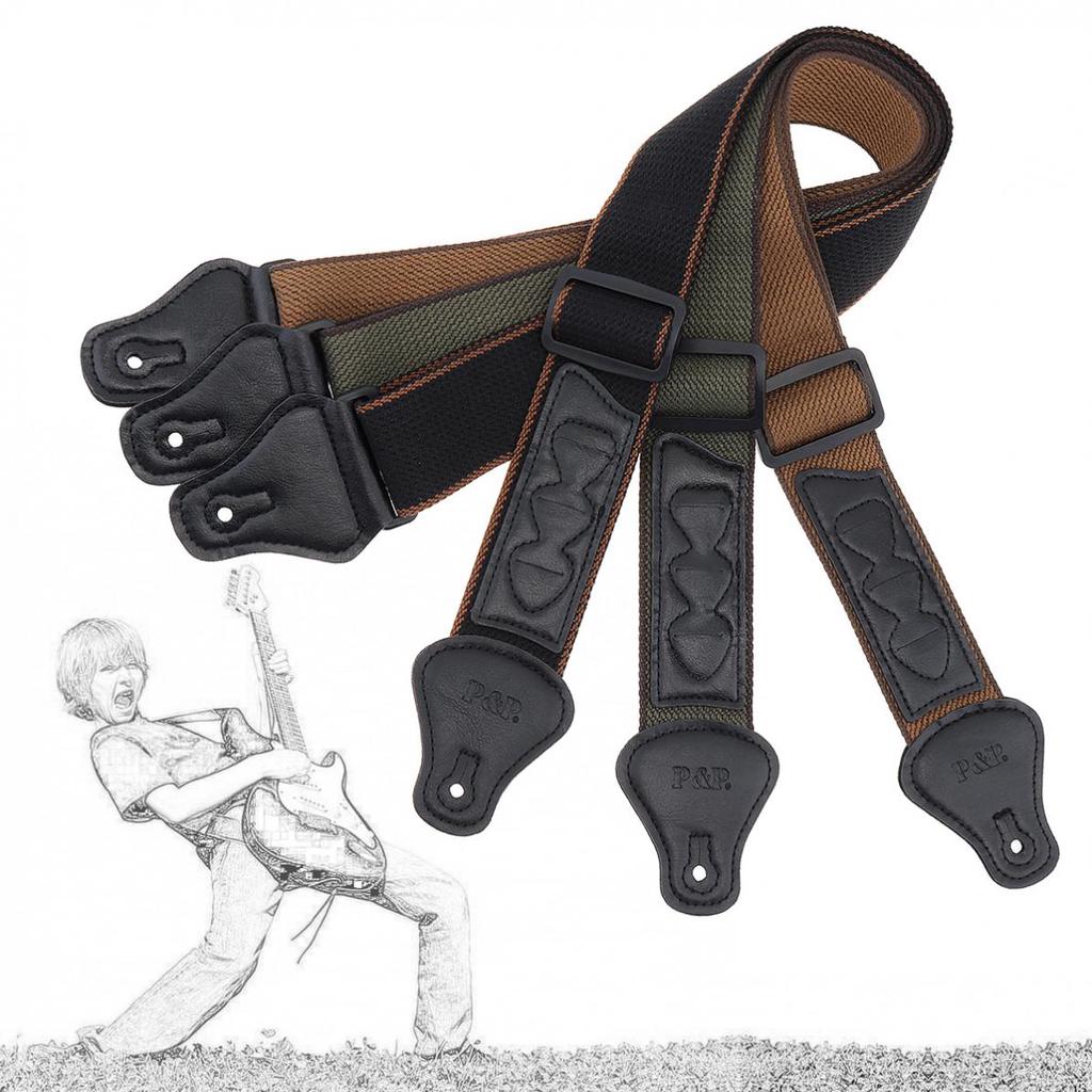 Adjustable Pure Cotton Guitar Strap for Acoustic Electric Bass Guitar with Plectrums Pockets