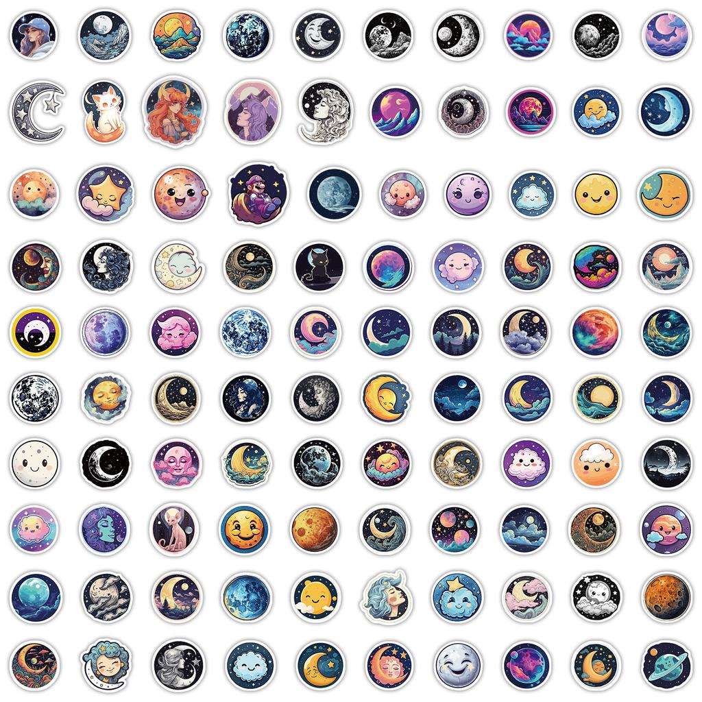 100 Moon Doodle Stickers Car Mobile Phone Water Cup Decorative Stickers Waterproof Creative Children's Cartoon Stickers