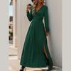 Women Fashion Spring Autumn Long Sleeve Lacework V Neck Solid Color High Split One Piece Dress