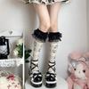 Cotton Knee Length Socks for Women Ruffle Lace Top Grunge Skull Music Note Print Stockings for Dance and Everyday Use