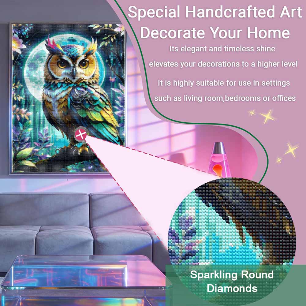 Moonlight Owl Diamond Painting Kit. DIY Diamond Art. Handmade Gift for Friends and Family. Home Decor Artwork. Full Round Drills