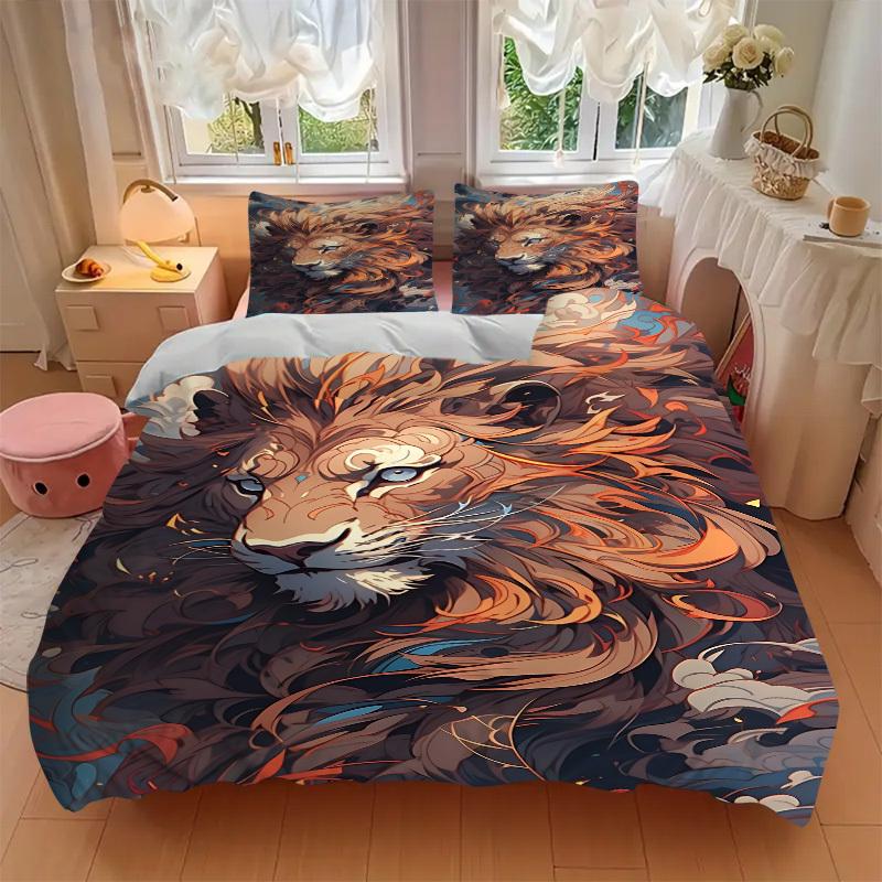 3pcs Lion Print Duvet Cover Set, Cover For Bedroom Guest Room (1 Duvet Cover + 2 Pillowcase, Without Quilt), yy250922233