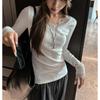 Весна Осень V-образный вырез Кружевная вставка Однотонная футболка с низом Женская с длинным рукавом Приталенная Универсальная Повседневная футболка Пуловер Топ