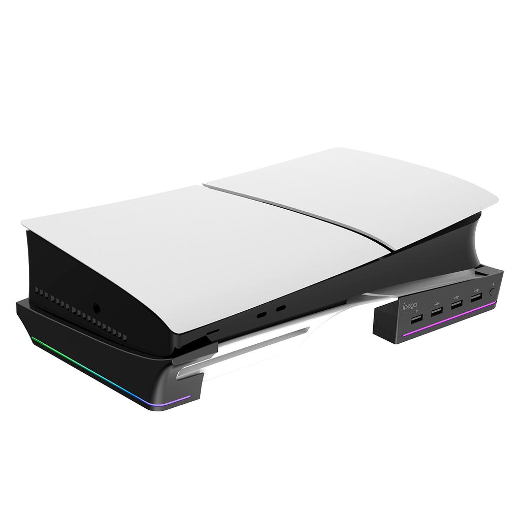Горизонтальная консоль-стойка RGB с 14 режимами освещения и 4 USB-концентраторами, боковая подставка для PS5 Slim Disc и Digital, базовый держатель с функцией быстрой зарядки контроллера