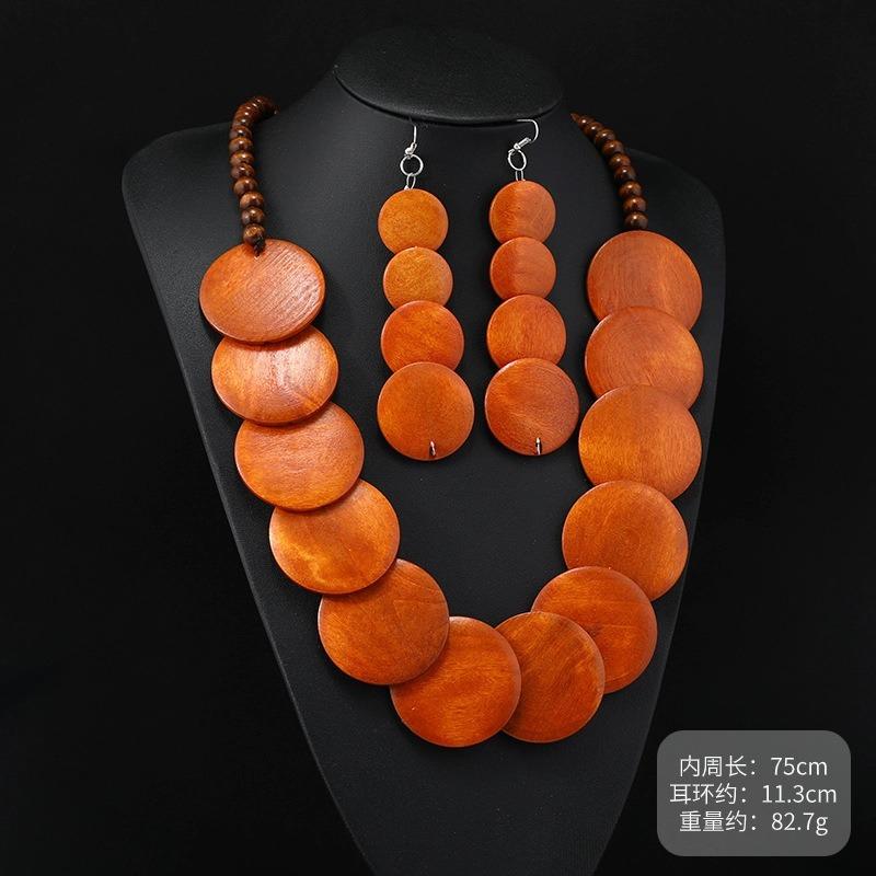 Vintage Exaggerated Wooden Necklace Maillard Vacation Women's Bohemian Long Niche Sweater Chain Earrings