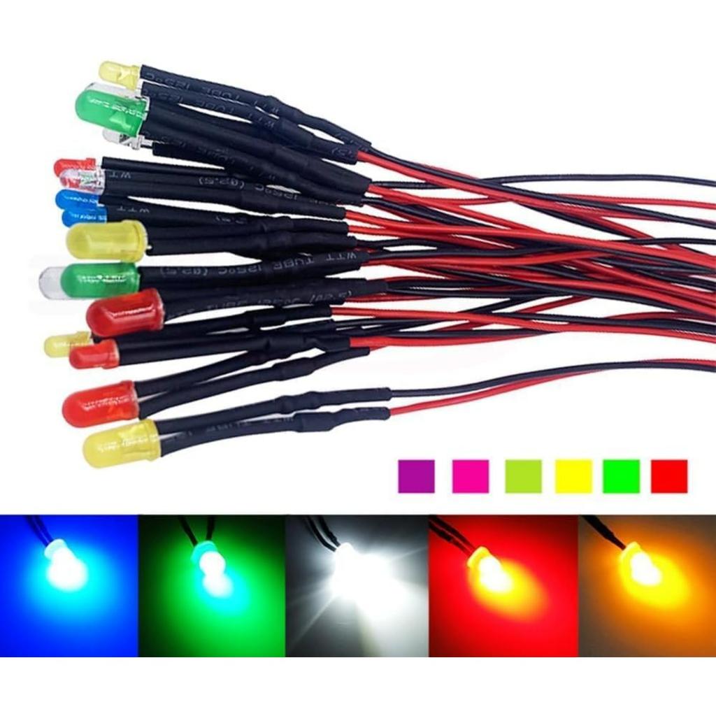 50PCS 12V 3mm LED Lights Emitting Diodes Pre Wired Micro Led Lights Diodes Diffused Colored Lens for Model Assortment Kit