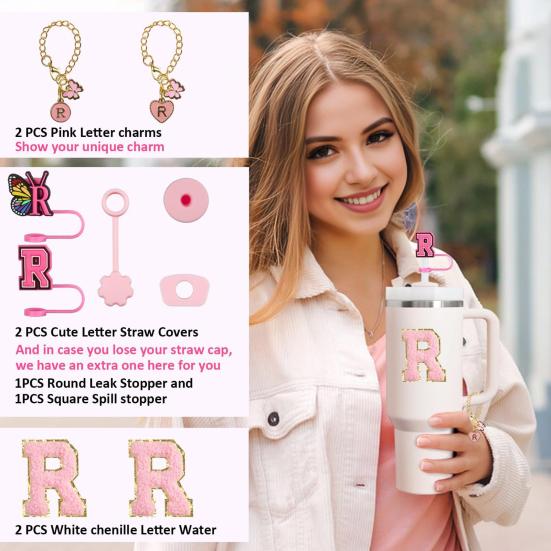 Набор аксессуаров для чашек из 9 шт., стакан для чашек емкостью 30 унций и 40 унций, инициалы, украшения, силиконовые соломенные колпачки, подвески с буквами, водонепроницаемые пробки, ручка, наклейка-подвеска