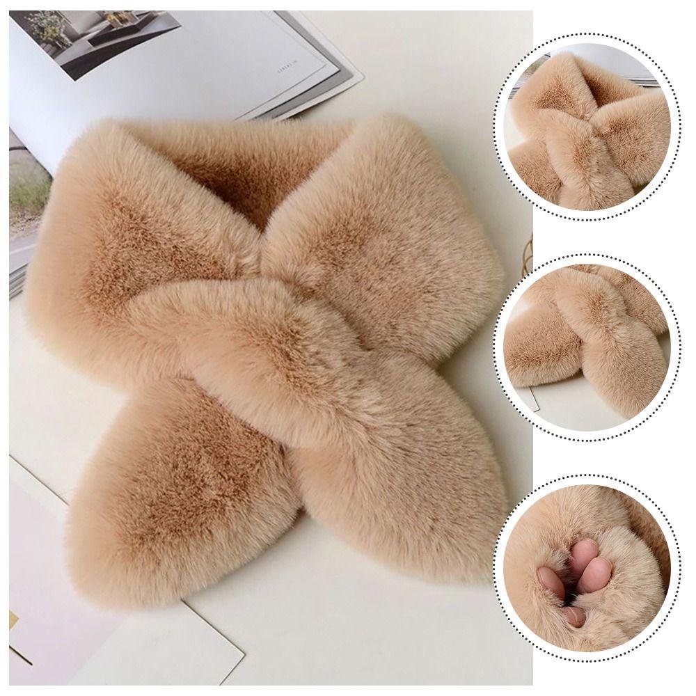 Thicken Neck Scarf Faux Rabbit Fur Plush Neckerchief Wrap Cute Cross Scarf Women