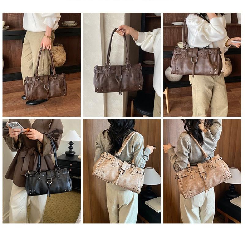 Retro Rivet Shoulder Bag for Women, New Niche PU Leather Handbag, Crossbody Bag, Fashionable and Versatile Commuting Tote Bag